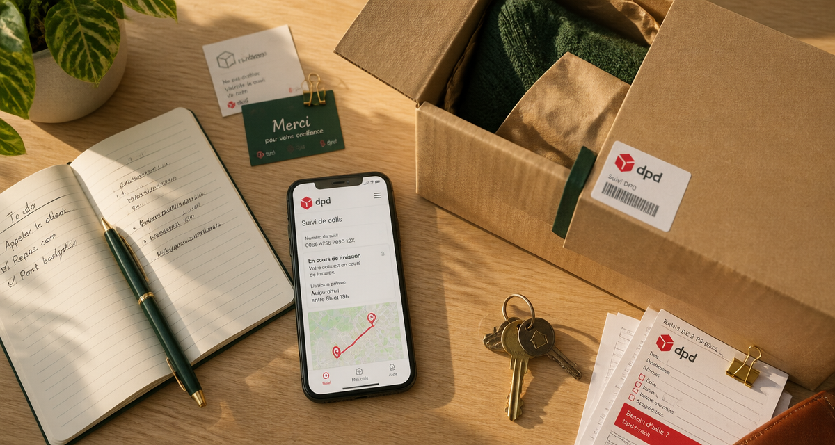 dpd suivi colis sur smartphone et colis sur bureau