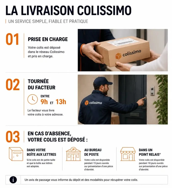 Infographie des étapes de livraison et horaires de passage Colissimo