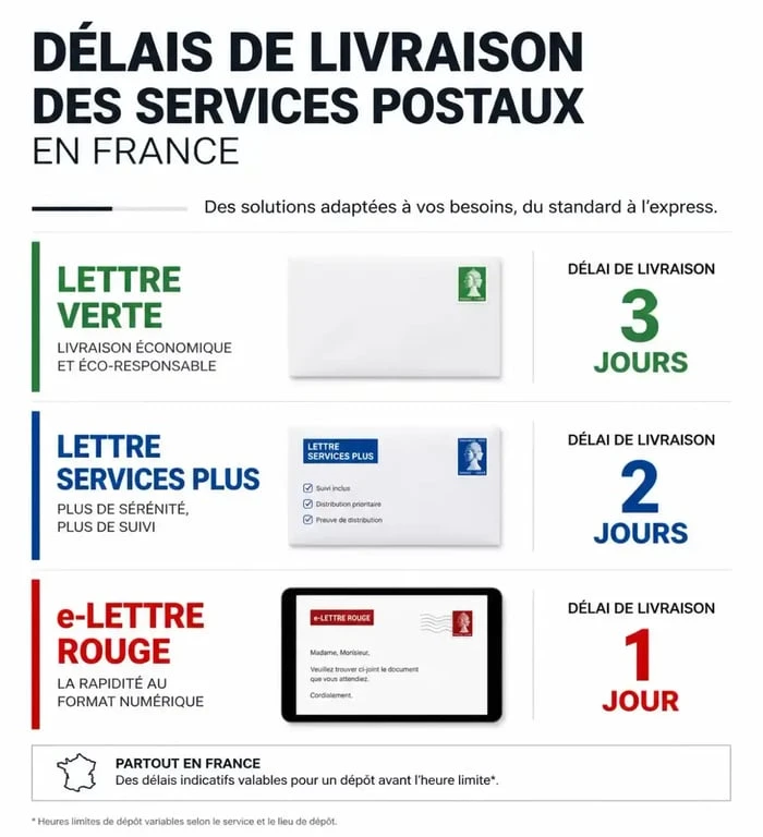 Comparatif des délais d'acheminement des courriers : Lettre Verte, Lettre Services Plus et e-Lettre Rouge