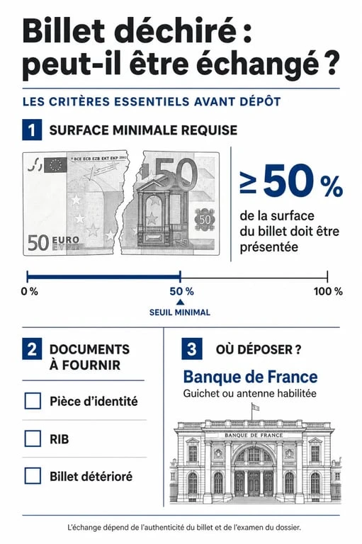 Infographie sur la procédure d'échange d'un billet déchiré à la Banque de France