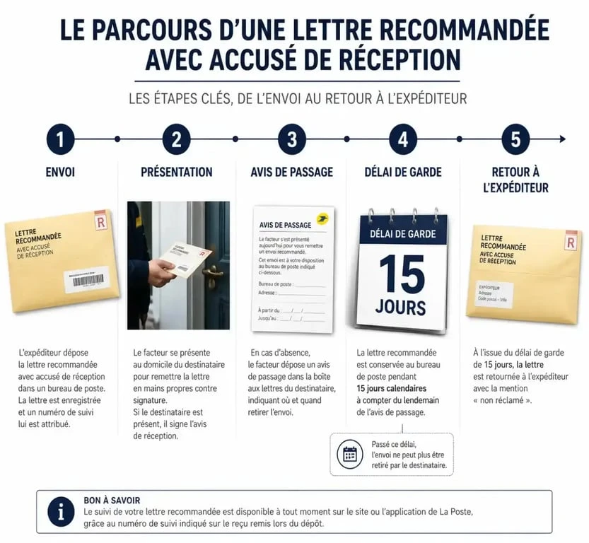 Infographie du parcours d'un pli avisé et non réclamé : étapes de la notification juridique