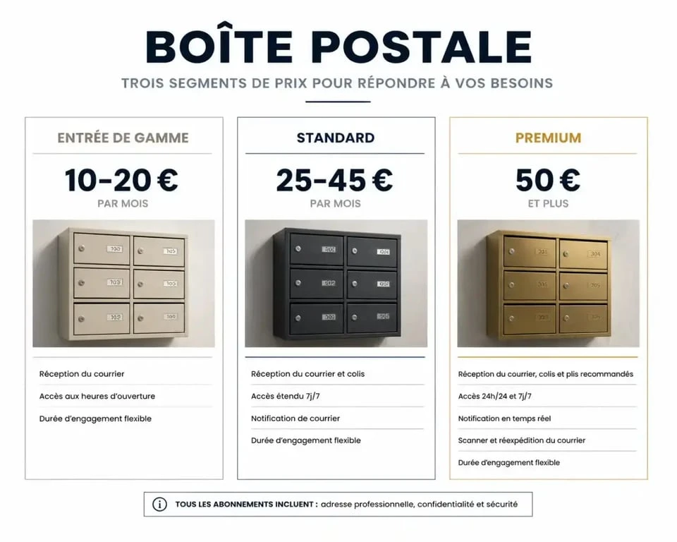 Comparatif des prix des boîtes postales : infographie des tarifs mensuels pour choisir sa formule.