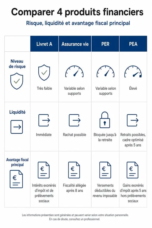 Infographie comparative des placements financiers à La Banque Postale : Livret A, Assurance Vie, PER et PEA