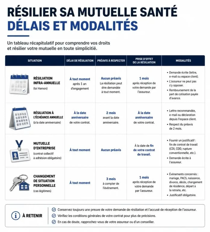 Tableau récapitulatif des délais et modalités de résiliation de la mutuelle Ociane
