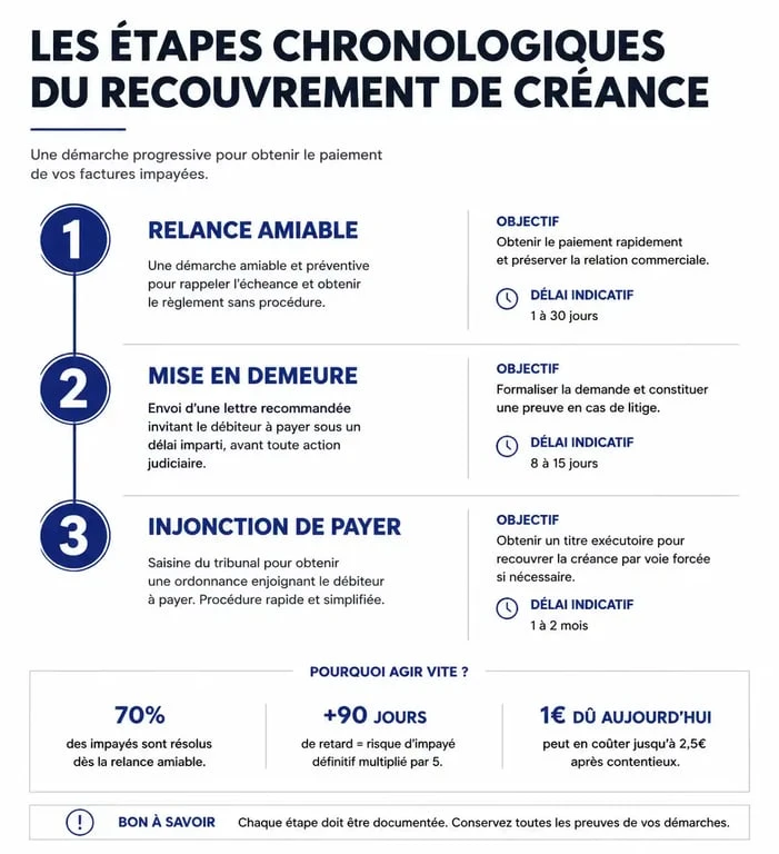 Infographie des étapes de recouvrement d'une créance suite à une lettre de mise en demeure de payer
