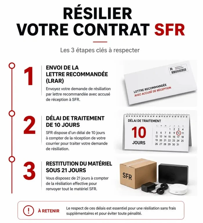 Infographie des étapes de la procédure de résiliation SFR pour une résiliation sans erreur