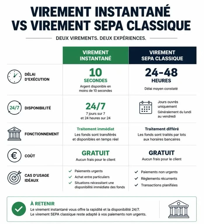 Comparatif virement instantané La Banque Postale vs virement SEPA standard