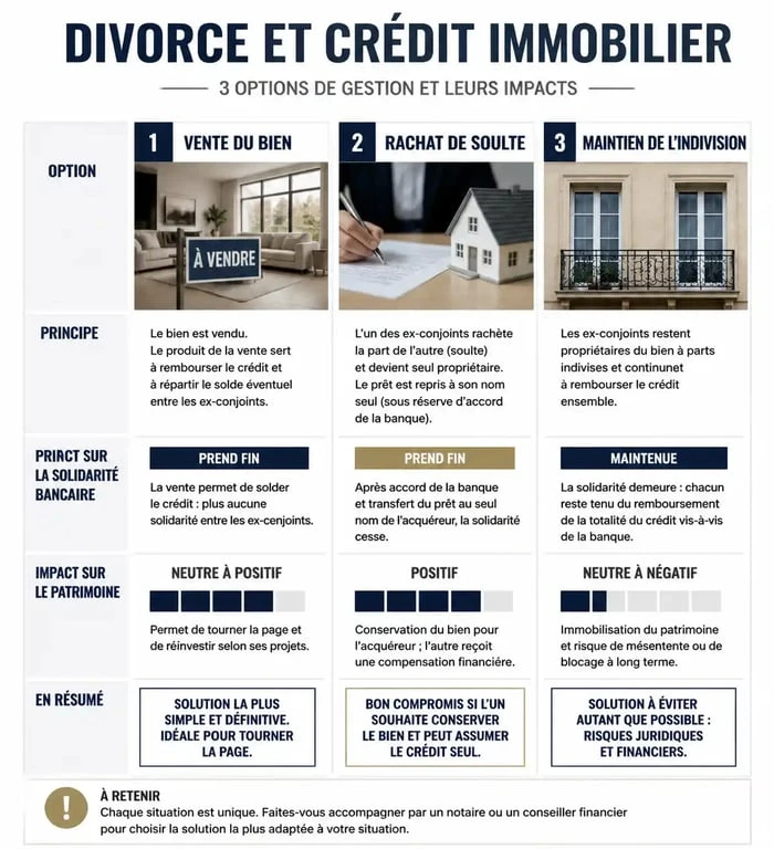 Infographie comparative des options de divorce et crédit immobilier en cours : vente, rachat de soulte et indivision