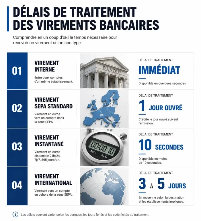 Infographie des délais de virement à La Banque Postale selon le type d'opération
