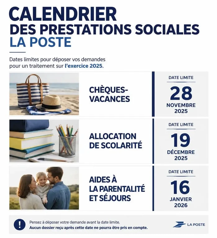 Calendrier des prestations sociales et dates limites Portail Malin La Poste et CSE-E