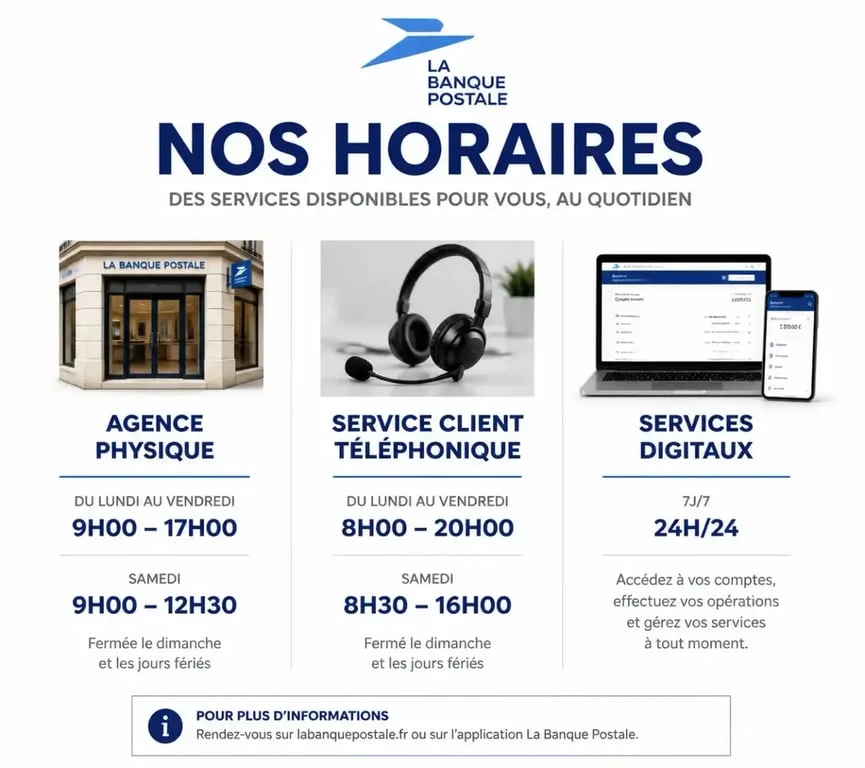 Infographie récapitulative des horaires de La Banque Postale par canal de contact