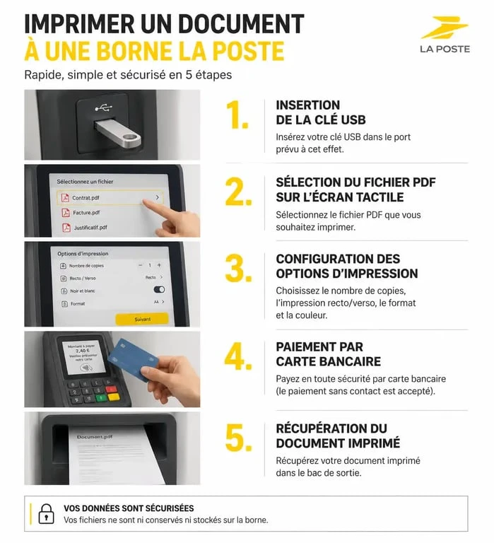 Infographie des étapes pour imprimer des documents à La Poste via une borne libre-service