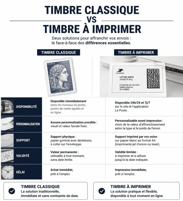 Comparatif entre timbre classique et timbre à imprimer pour comprendre les avantages de l'affranchissement en ligne.