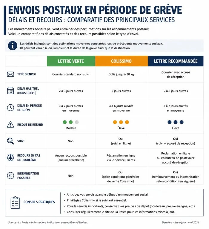 Tableau récapitulatif des impacts des grèves à La Poste sur les délais de livraison et les recours possibles pour les usagers.