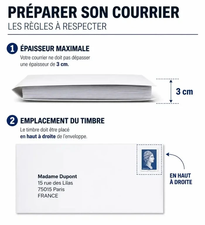 Infographie illustrant les règles d'affranchissement d'un courrier : épaisseur maximale de 3 cm et emplacement du timbre