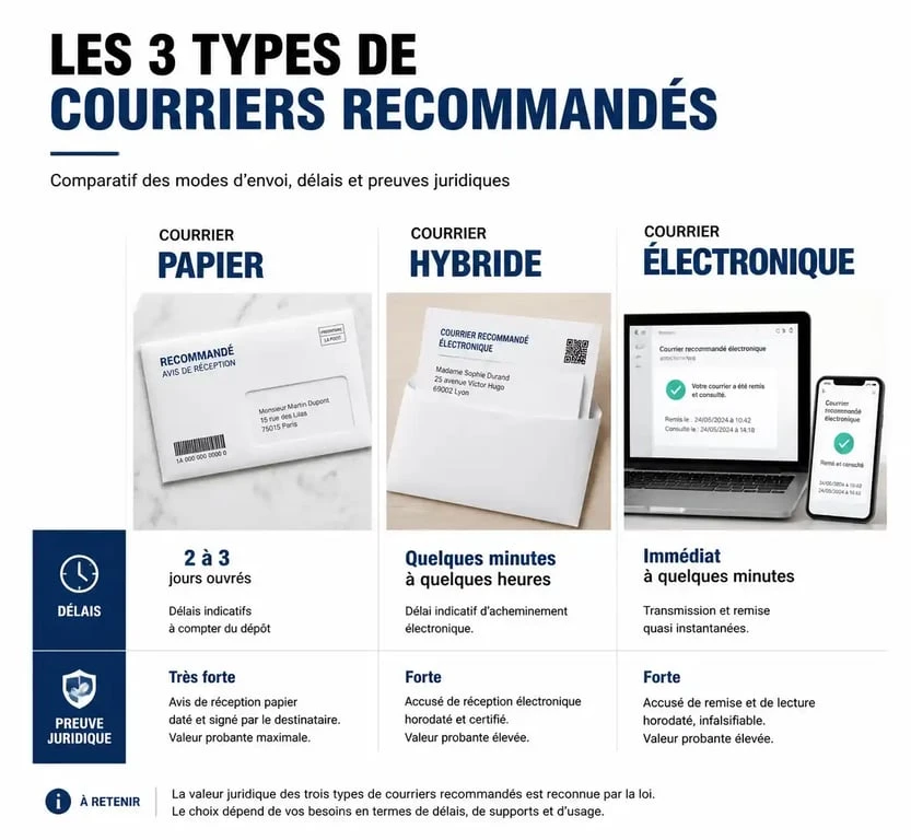 Infographie comparative des types de courrier recommandé : papier, hybride et électronique selon la loi sur le courrier recommandé.