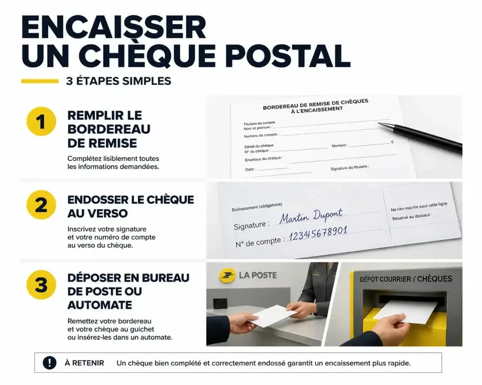 Infographie des étapes pour encaisser un chèque postal en toute sécurité