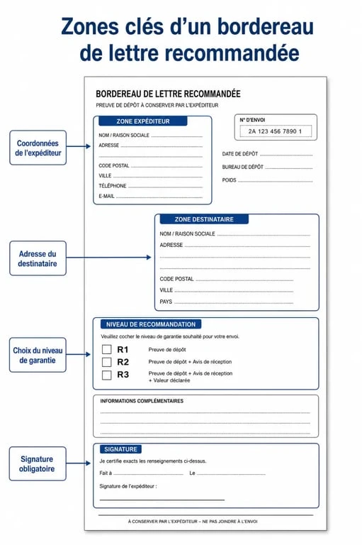 Infographie explicative pour remplir correctement un bordereau de lettre recommandée avec ou sans accusé de réception