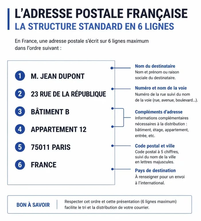 Structure standard d'une adresse postale française conforme aux normes AFNOR pour le tri automatique