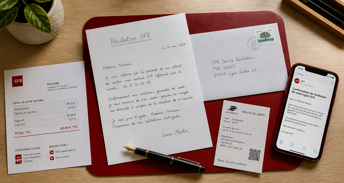 lettre de résiliation sfr manuscrite sur bureau