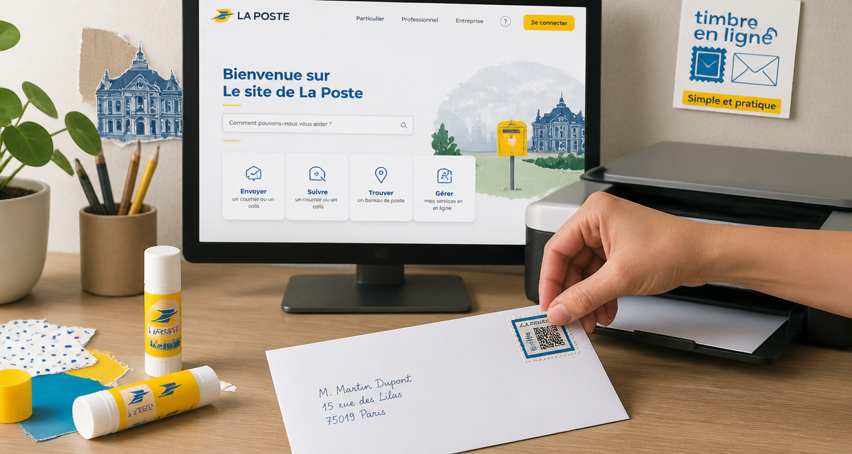 timbre à imprimer collé sur enveloppe