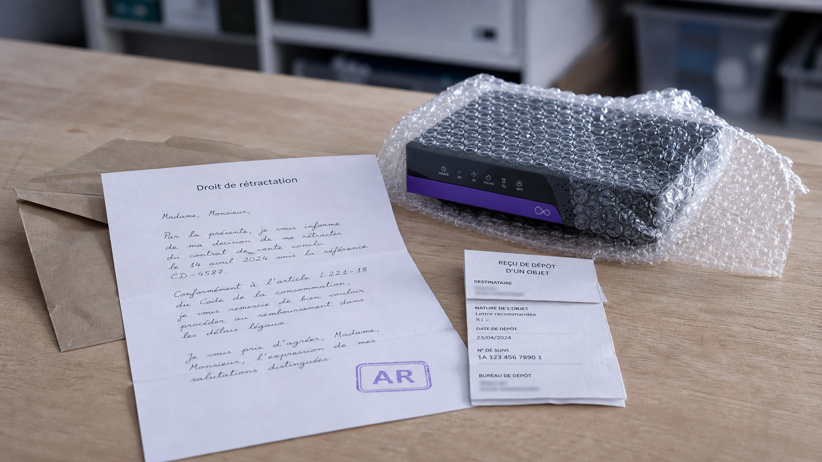 Adresse free retractation : lettre, AR et retour du matériel