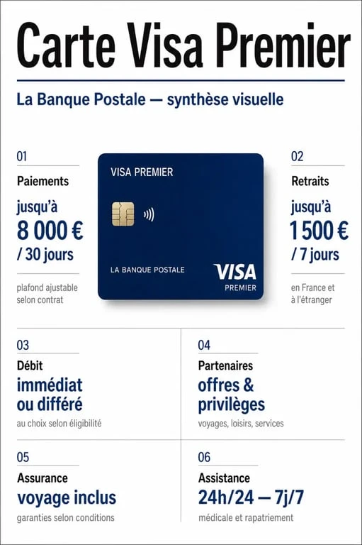 Carte Banque Postale carte Premier : synthèse visuelle des plafonds, garanties et tarifs
