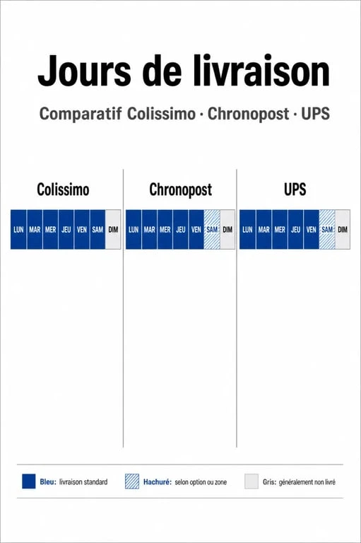 Tableau comparatif des jours de livraison : Colissimo, Chronopost et UPS