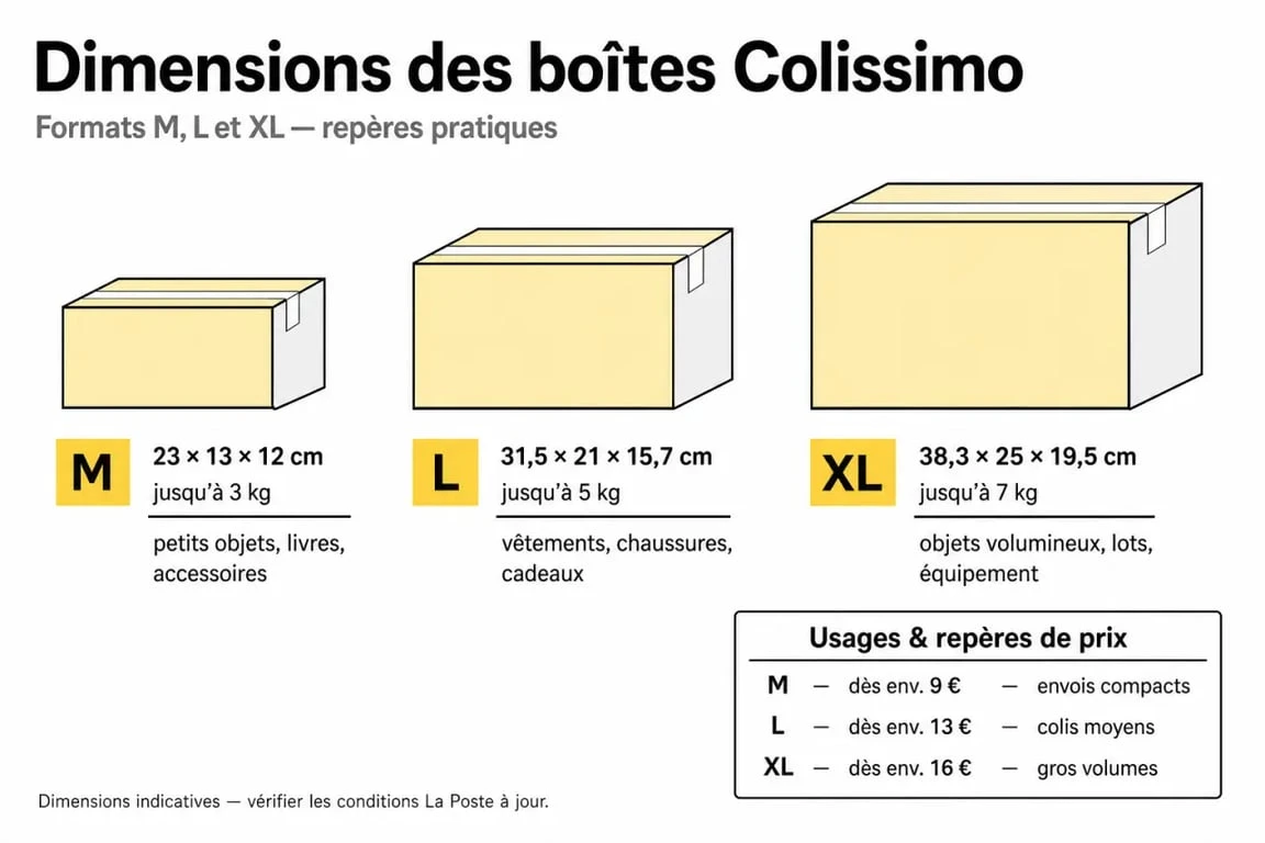 Boite colis poste dimensions : comparaison visuelle des formats Colissimo M, L et XL