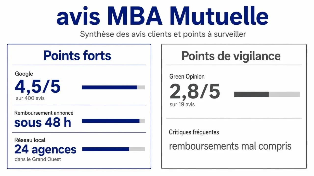 Avis MBA Mutuelle : comparaison visuelle des notes, des délais de remboursement et des points forts et faibles