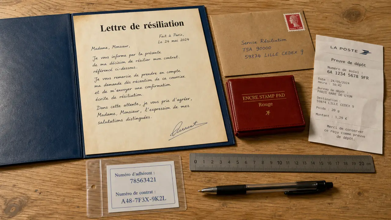 Lettre de résiliation mutuelle avec tampon et envoi postal