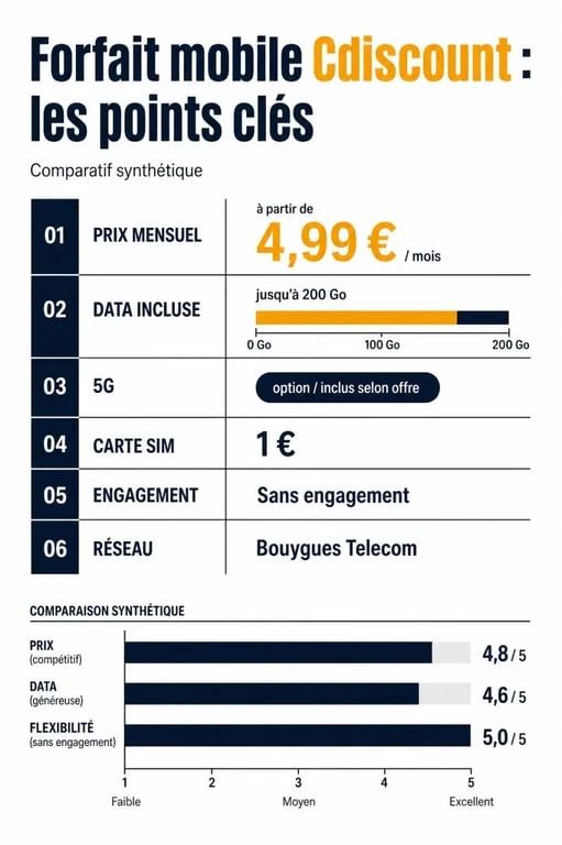 Comparatif visuel du forfait mobile Cdiscount : prix, data, 5G et réseau Bouygues Telecom