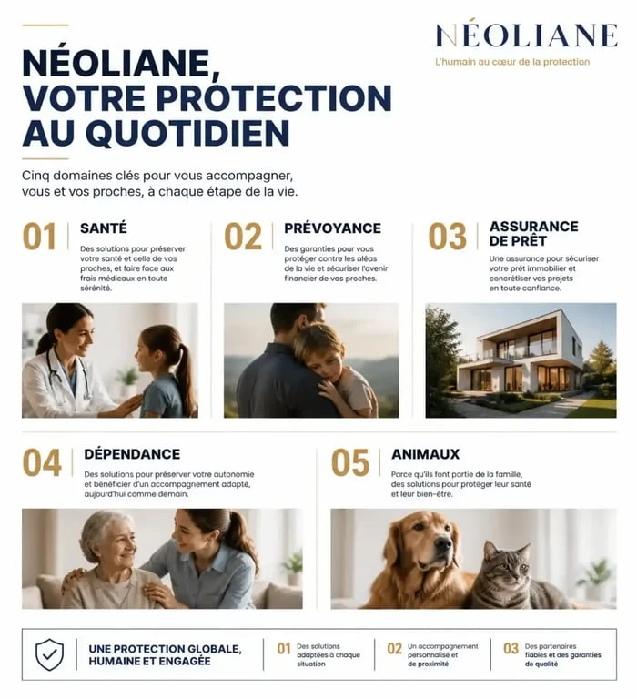 Tableau récapitulatif des offres de la mutuelle Néoliane : santé, prévoyance et assurance