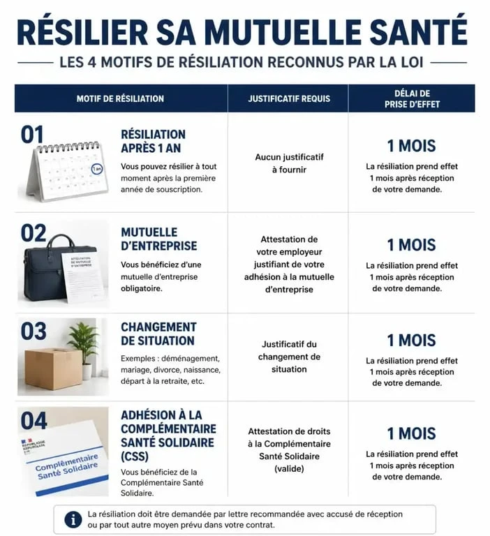 Infographie des motifs et délais de résiliation de mutuelle santé pour votre modèle de lettre de résiliation mutuelle pdf gratuit