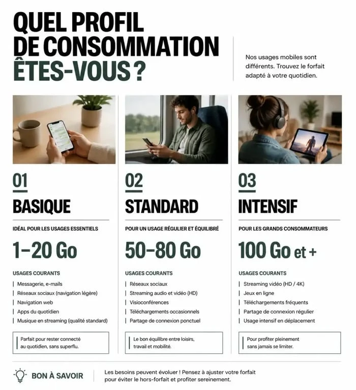 Infographie des profils de consommation pour choisir son forfait mobile Auchan Telecom