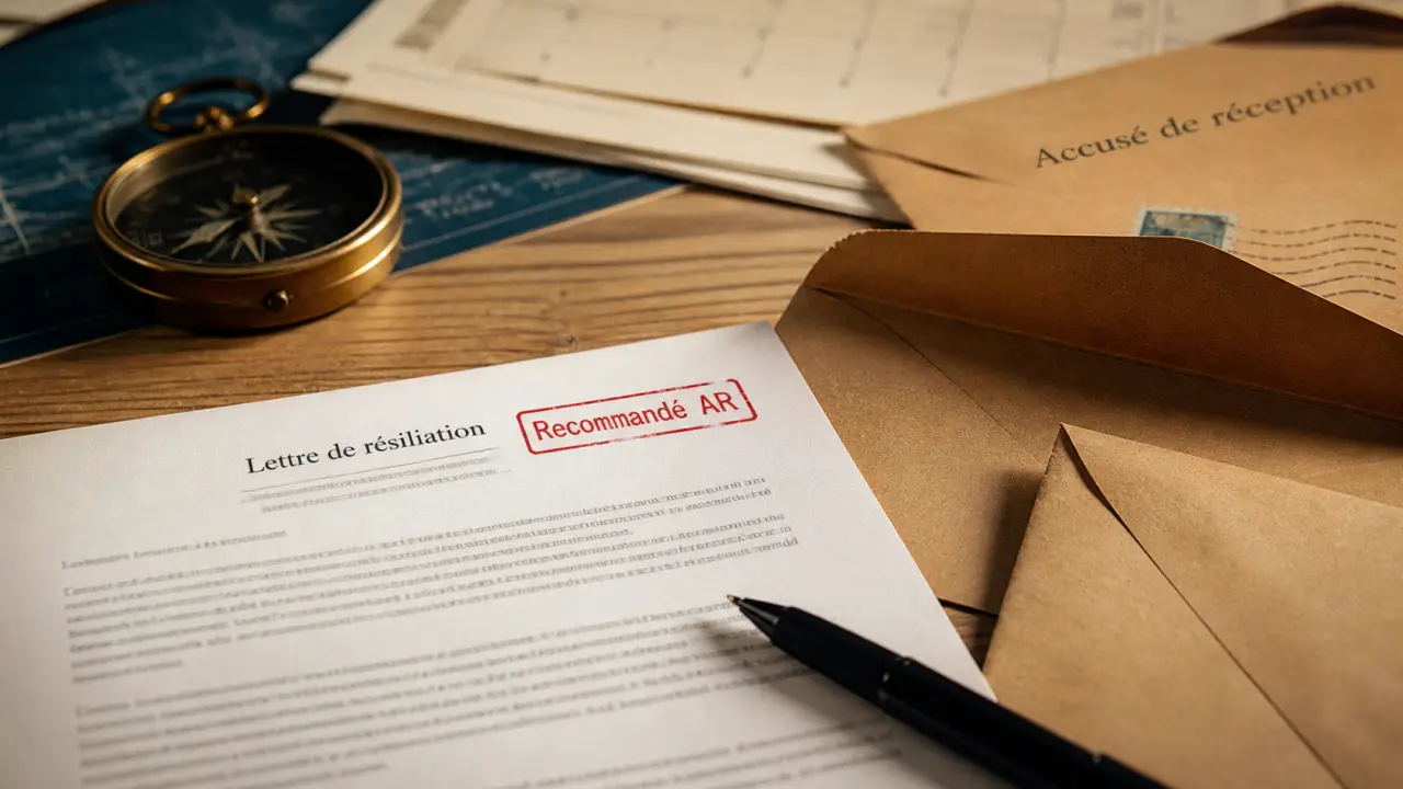 Lettre de résiliation exemple, recommandée AR sur table bois