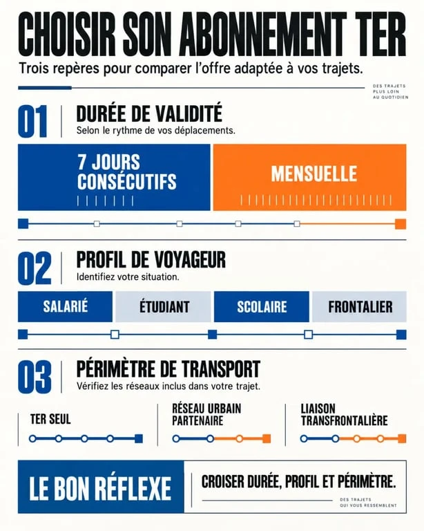 Infographie pour choisir un abonnement TER selon la durée, le profil et les réseaux inclus