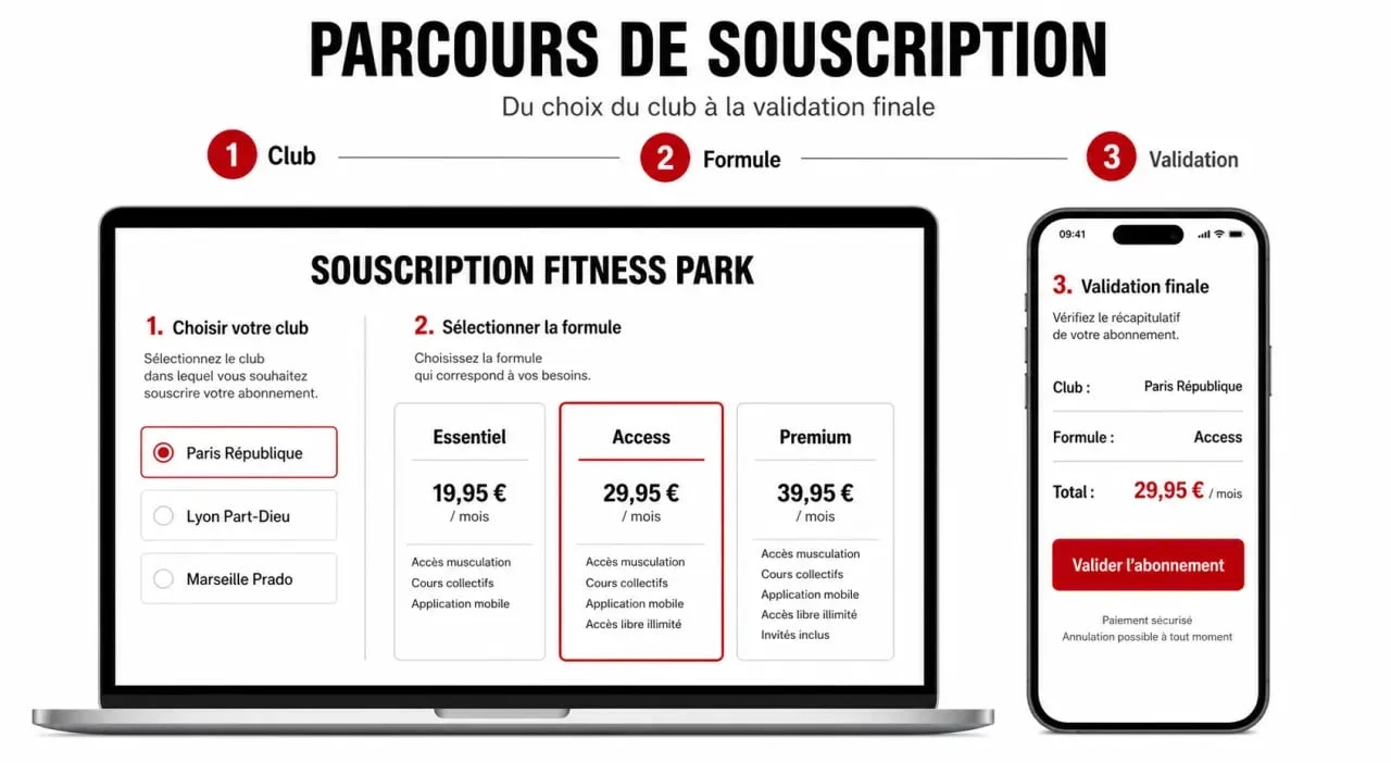 Parcours de souscription à l’abonnement fitness park sur ordinateur et smartphone