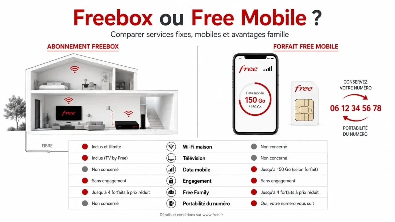 Comparatif visuel free abonnement entre Freebox et forfait mobile avec prix, data et engagement