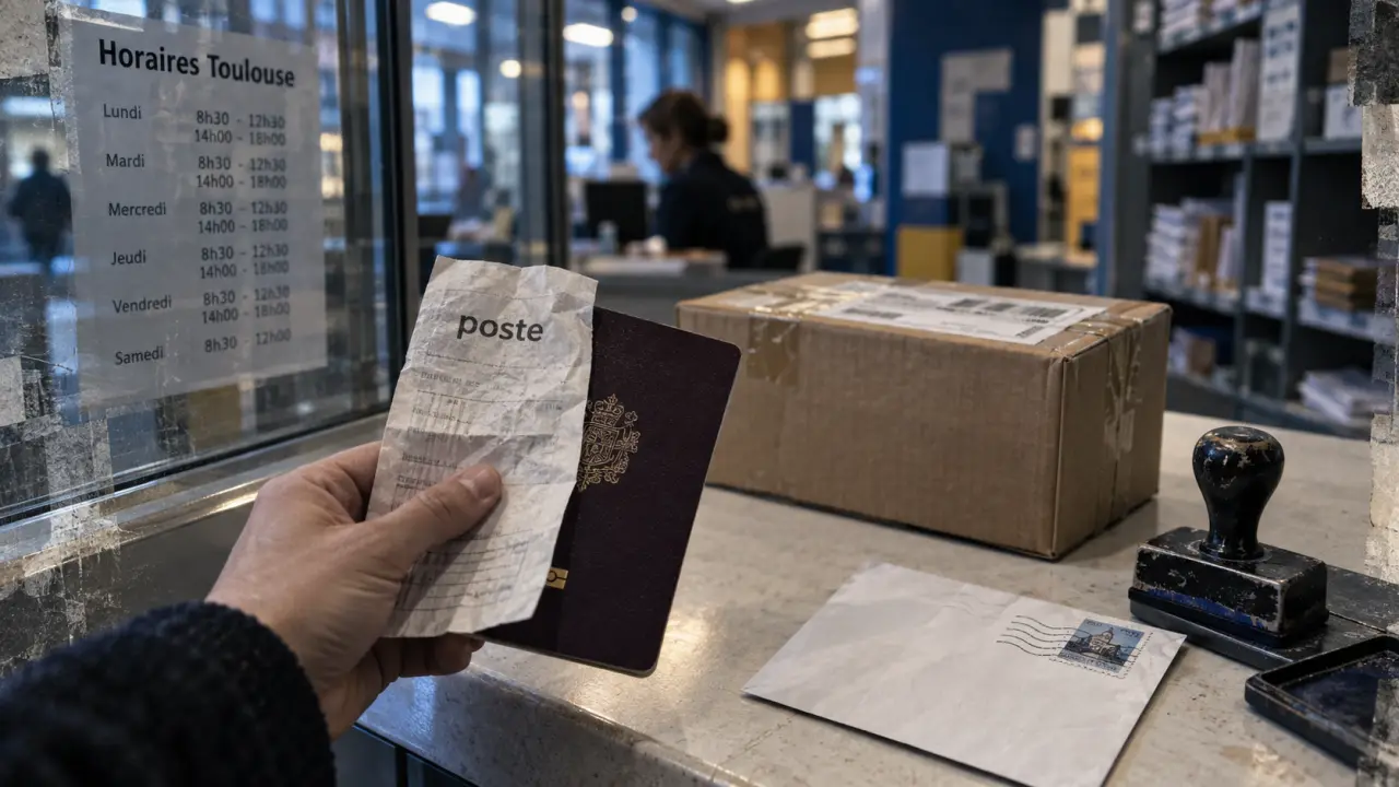 La Poste Toulouse : main, passeport et colis au guichet postal