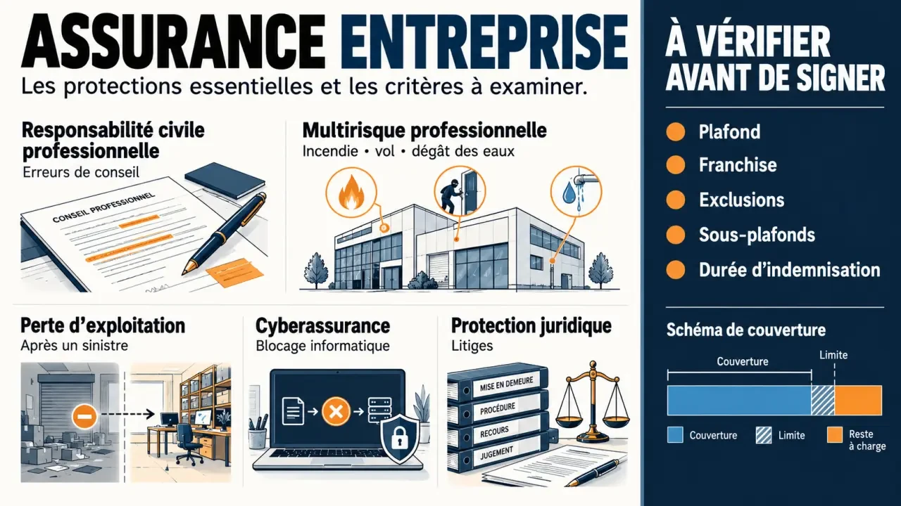 Infographie sur l'assurance entreprise Loop com credit et les garanties professionnelles à vérifier