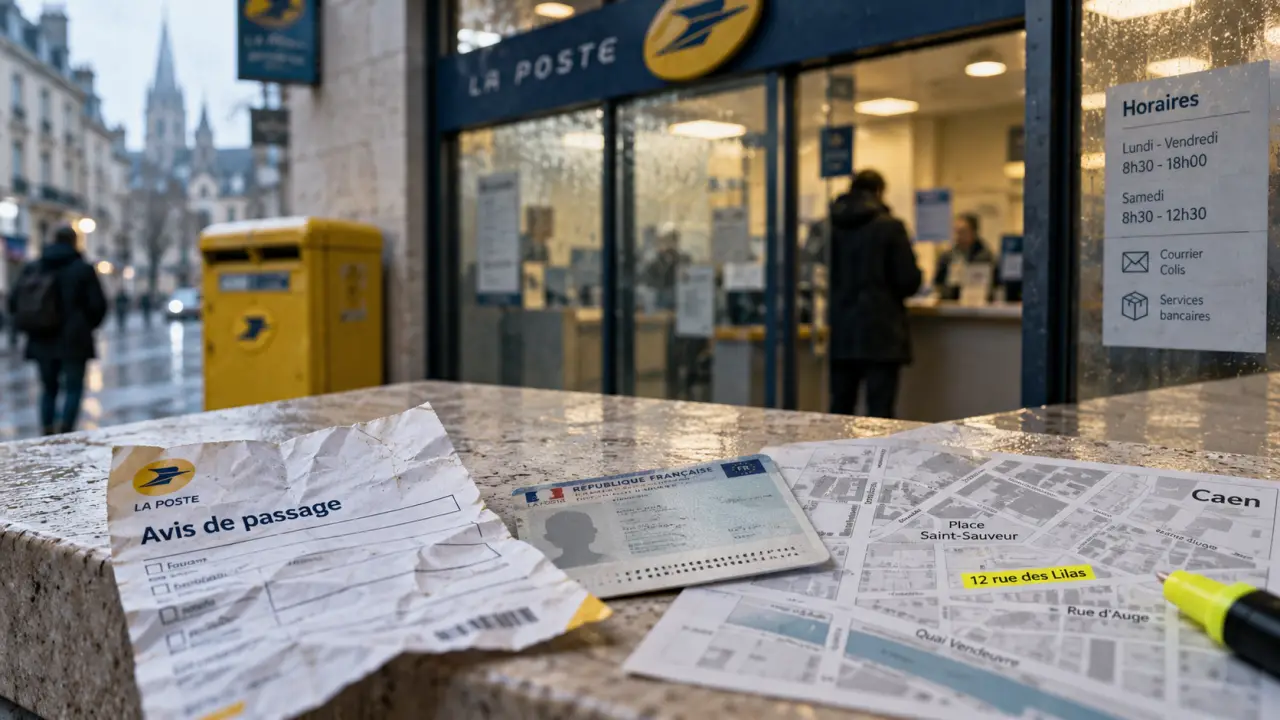 La poste Caen : avis de passage et adresse surlignée devant le bureau de poste